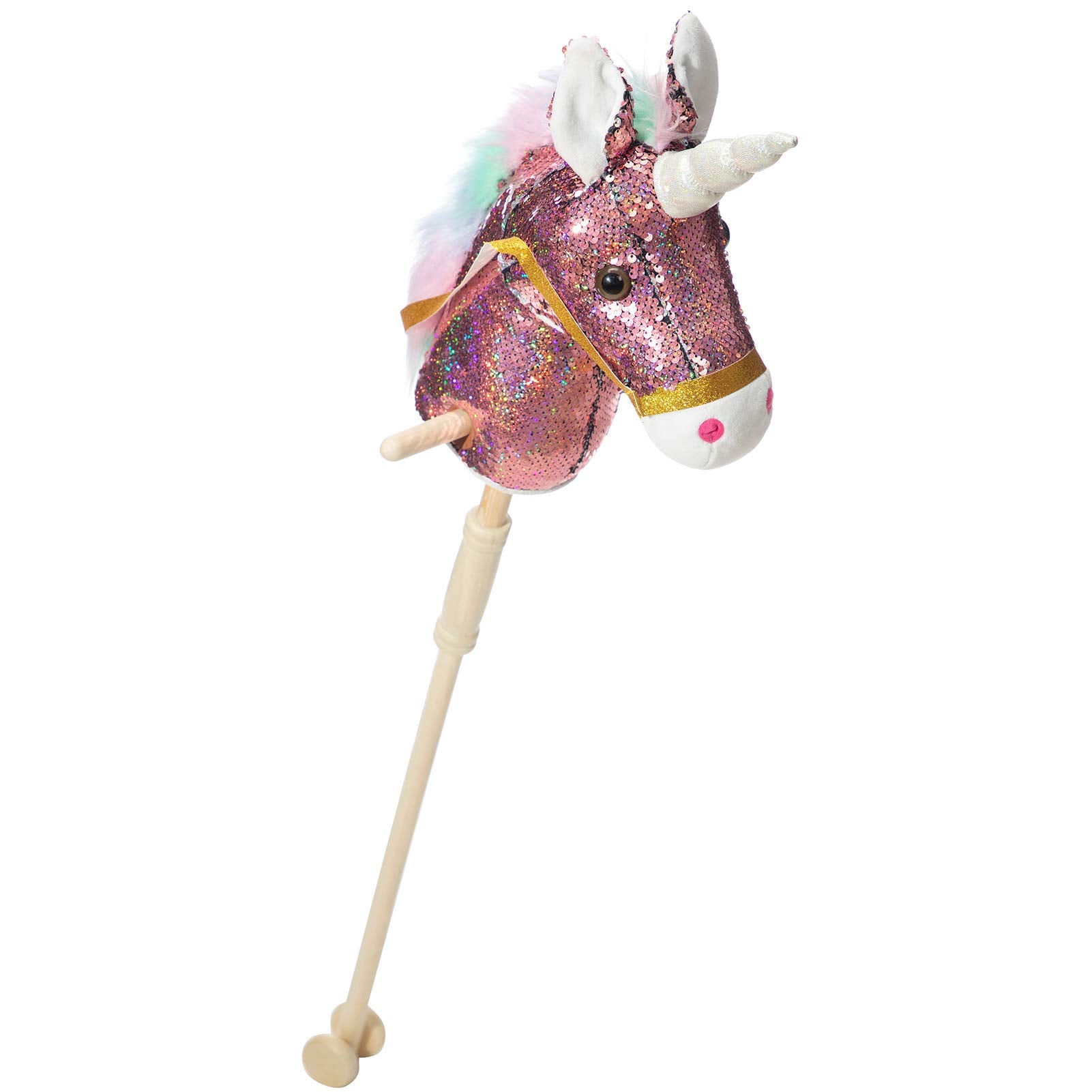 HollyHOME Sequin Unicorn Stick Horse Handcrafted Hobby Horse on a Stick with Wood Wheels Real Pony Neighing and Galloping Sounds Plush Unicorn Toy Pink 36 Inches(AA Batteries Required)