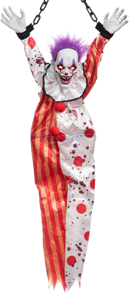 HollyHOME Halloween Animated Hanging Clown with Glowing Eyes Creepy Sound and Shaking Body Halloween Decorations Outdoor Scary Haunted House Outdoor Prop Decor 60'' Red