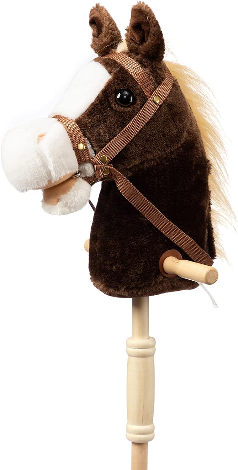 HollyHOME Stick Horse Plush Handcrafted Hobby Horse on a Stick with Wood Wheels Real Pony Neighing and Galloping Sounds for Kids Toddlers Black 36 Inches(AA Batteries Required)