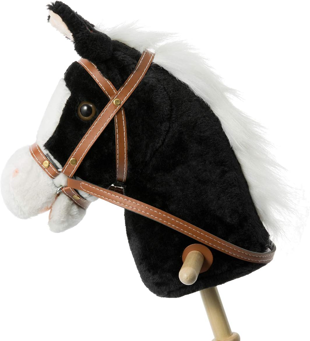 HollyHOME Stick Horse Plush Handcrafted Hobby Horse on a Stick with Wood Wheels Real Pony Neighing and Galloping Sounds for Kids Toddlers Beige 36 Inches(AA Batteries Required)