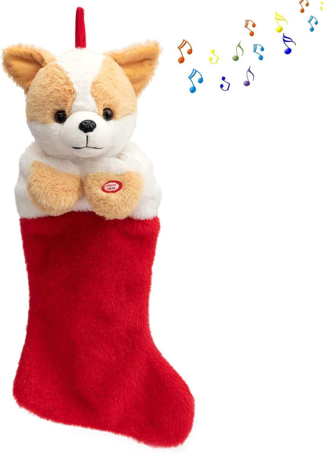 HollyHOME Christmas Stockings Animated Corgi Puppy Head Stockings with Music and Flapping Ears Hanging Xmas Decoration Socks Ornament 19 Inch