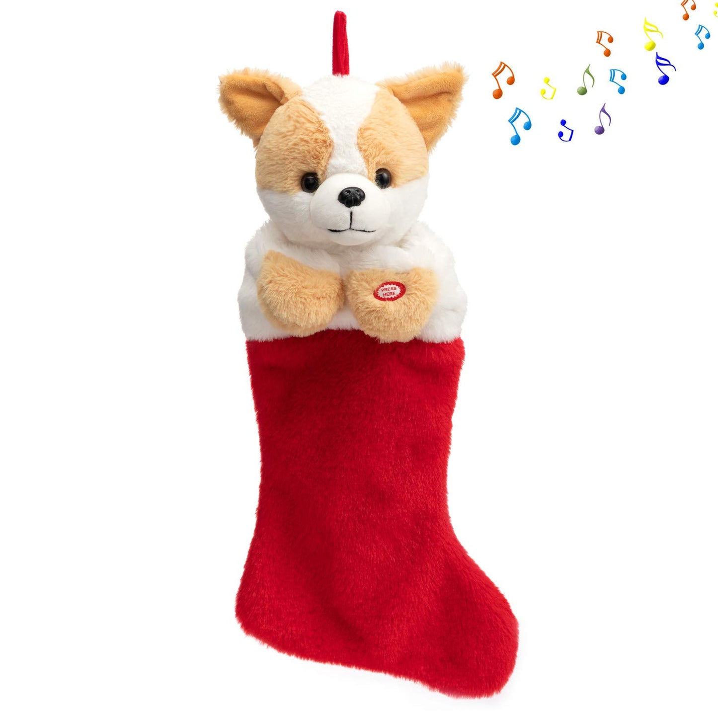 HollyHOME Christmas Stockings Animated Corgi Puppy Head Stockings with Music and Flapping Ears Hanging Xmas Decoration Socks Ornament 19 Inch