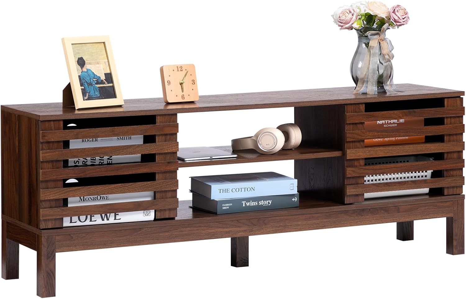 HollyHOME 53"(L) Retro Brown Wood TV Stand(with Fence Door）