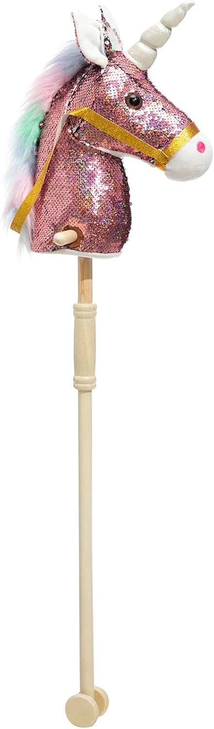 HollyHOME Unicorn Stick Horse Handcrafted Hobby Horse on a Stick with Wood Wheels Real Pony Neighing and Galloping Sounds Plush Unicorn Toy Purple 36 Inches(AA Batteries Required)