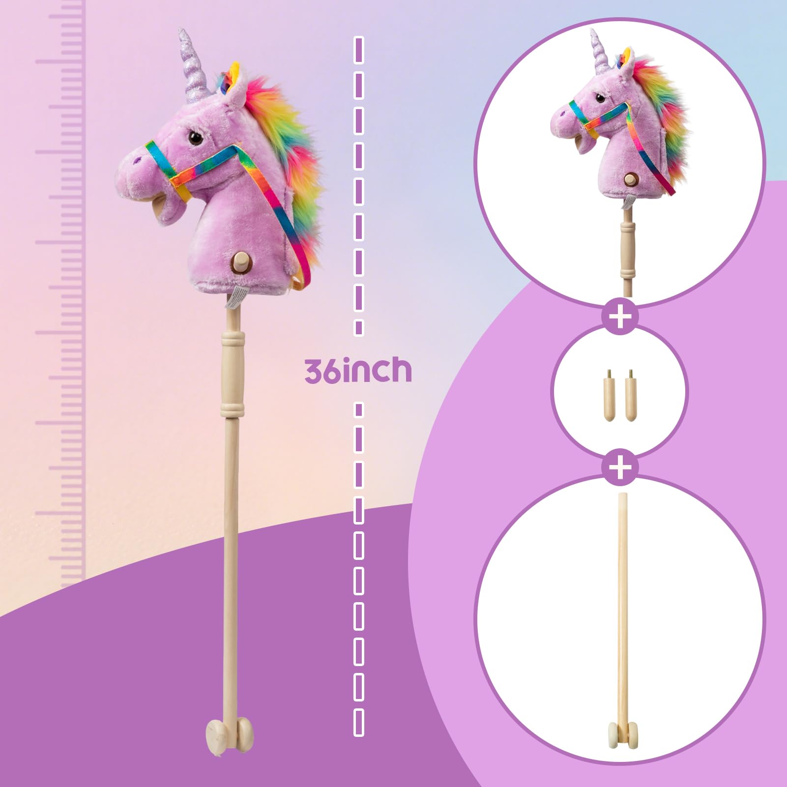 HollyHOME Unicorn Stick Horse with Wood Wheels Real Pony Neighing and Galloping Sounds Plush Unicorn Toy Pink with Rainbow Mane 36 Inches(AA Batteries Required)