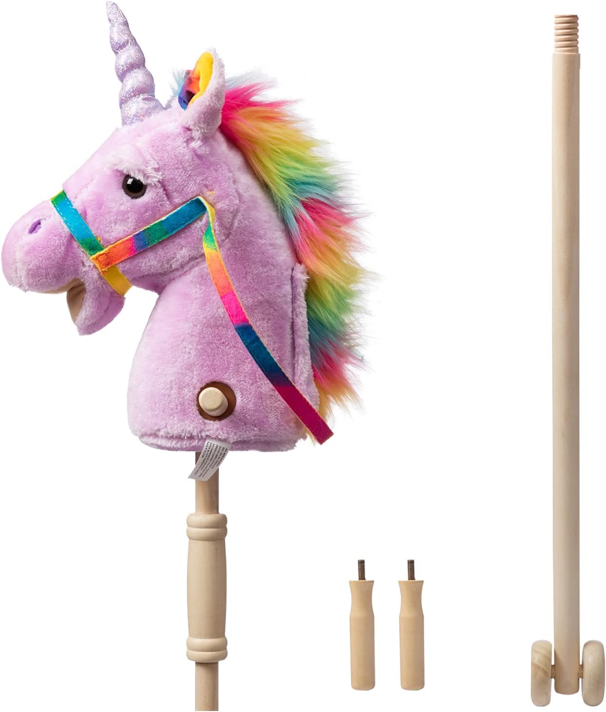 HollyHOME Unicorn Stick Horse Handcrafted Hobby Horse on a Stick with Wood Wheels Real Pony Neighing and Galloping Sounds Plush Unicorn Toy Purple 36 Inches(AA Batteries Required)