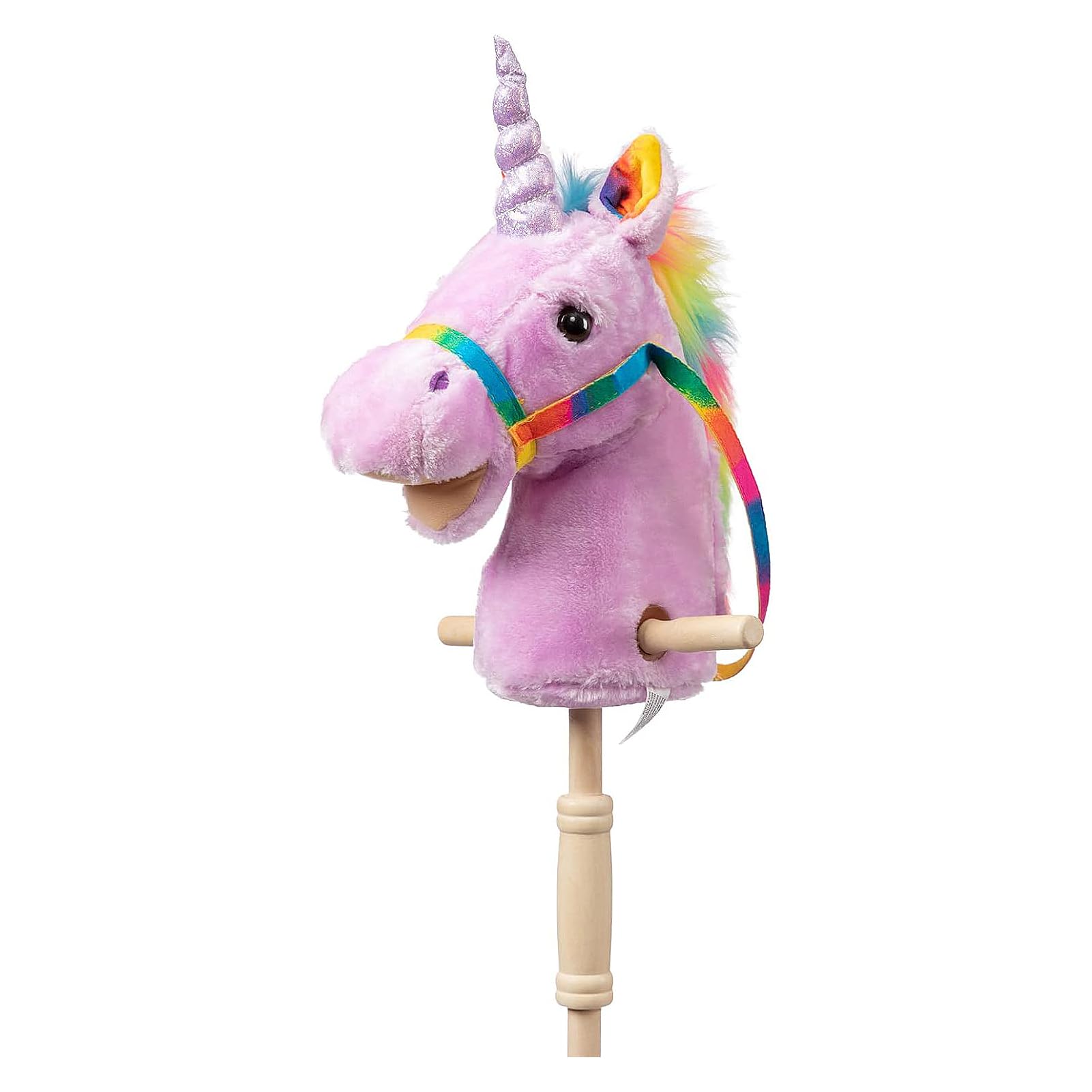 HollyHOME Unicorn Stick Horse with Wood Wheels Real Pony Neighing and Galloping Sounds Plush Unicorn Toy Pink with Rainbow Mane 36 Inches(AA Batteries Required)
