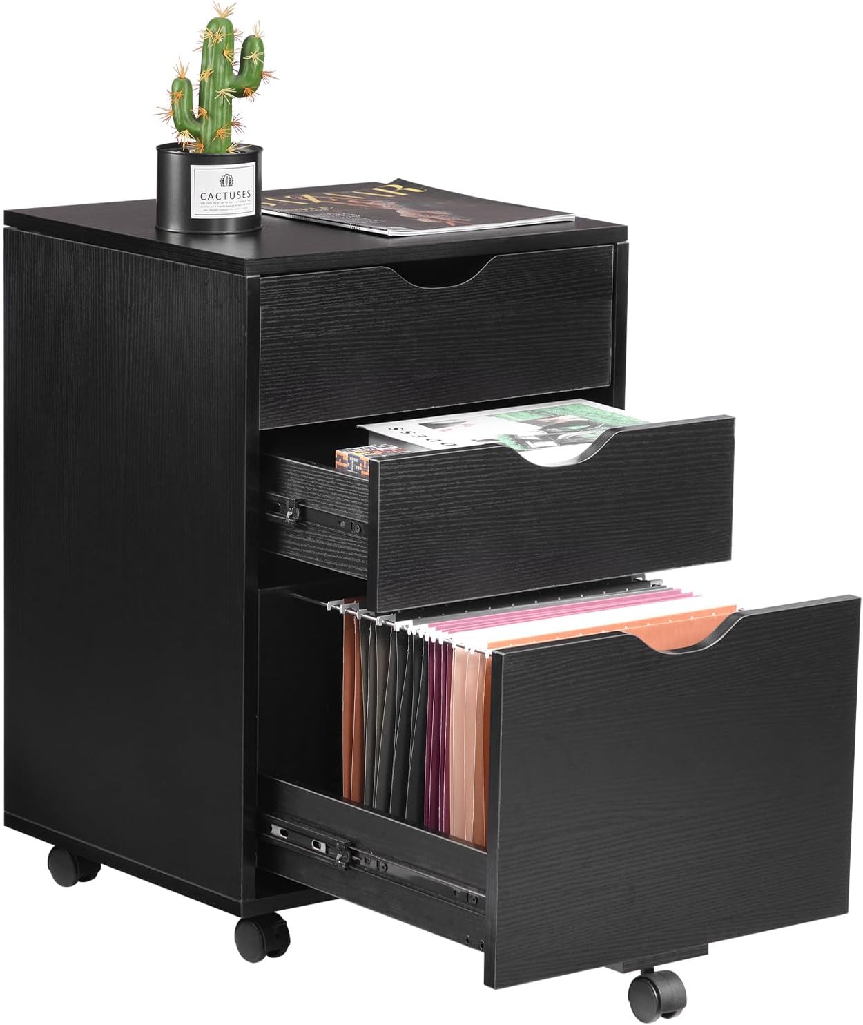HollyHOME Black 3-Drawer Wood File Cabinet