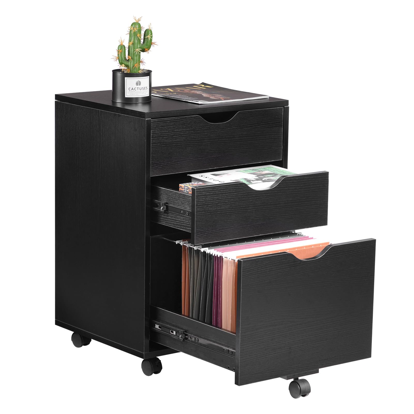 HollyHOME Black 3-Drawer Wood File Cabinet