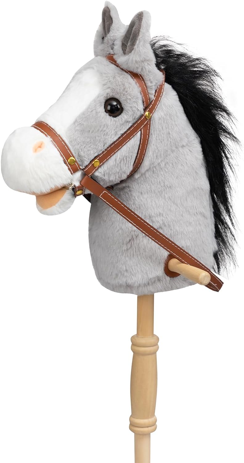 HollyHOME Stick Horse Plush with Detachable Blue Ribbon Champion Hobby Horse on Stick with Wood Wheels Real Pony Neighing for Kids Toddlers Chocolate 36 Inches(AA Batteries Required)