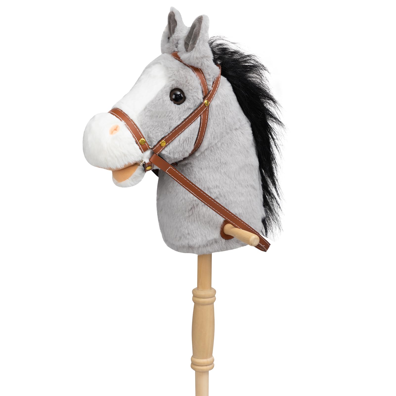 HollyHOME Stick Horse Plush Handcrafted Hobby Horse on a Stick with Wood Wheels Real Pony Neighing and Galloping Sounds for Kids Toddlers Grey 36 Inches(AA Batteries Required)