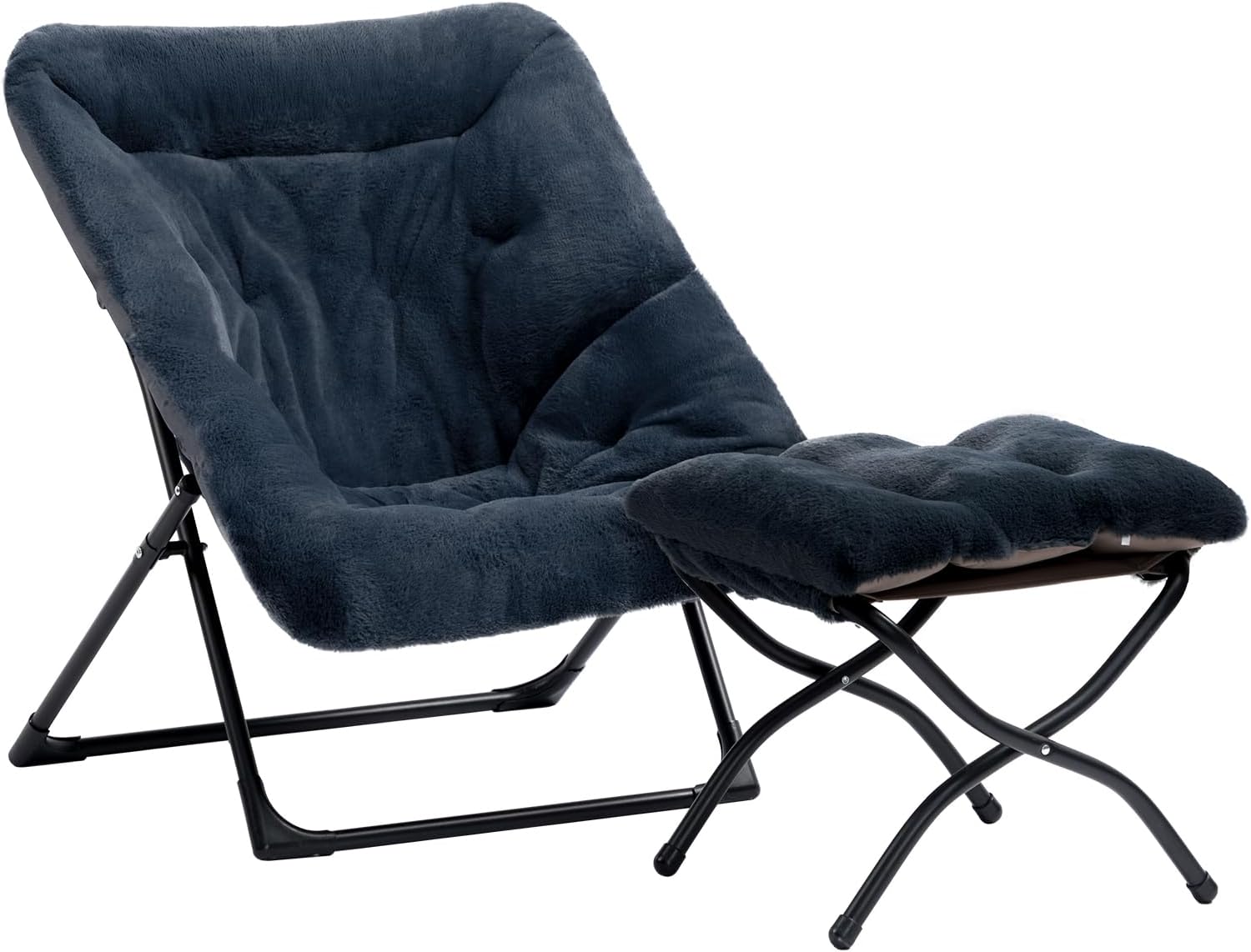 HollyHOME X-Large Saucer Chair with Foldable Ottoman, Comfy Oversized Folding Chair and Folding Footrest Stool Set, Faux-Fur Reading Chair and Footstool for Living Room, Navy Blue Chair&Stool