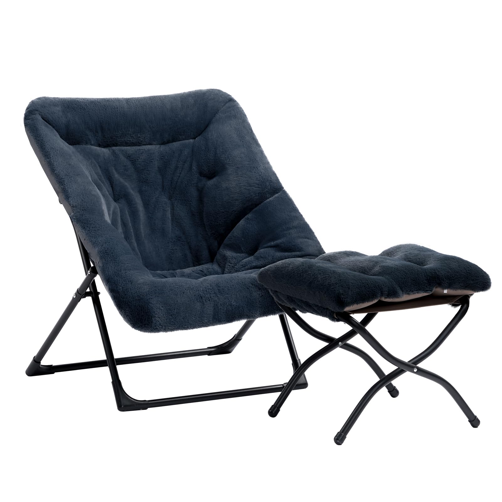 HollyHOME X-Large Saucer Chair with Foldable Ottoman, Comfy Oversized Folding Chair and Folding Footrest Stool Set, Faux-Fur Reading Chair and Footstool for Living Room, Navy Blue Chair&Stool