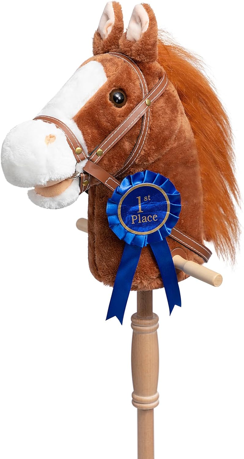 HollyHOME Stick Horse Plush Handcrafted Hobby Horse on a Stick with Wood Wheels Real Pony Neighing and Galloping Sounds for Kids Toddlers Beige 36 Inches(AA Batteries Required)