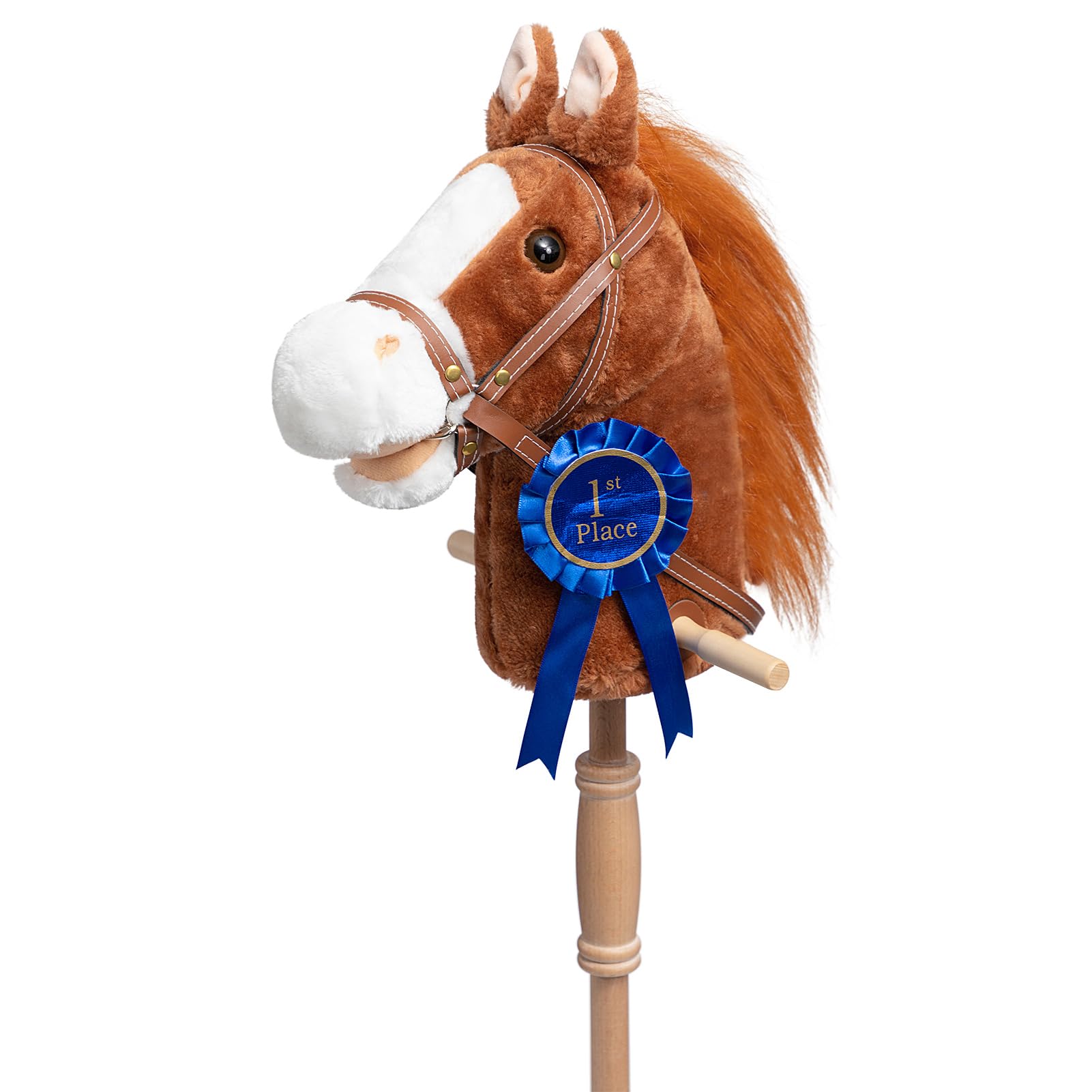 HollyHOME Stick Horse Plush with Detachable Blue Ribbon Champion Hobby Horse on Stick with Wood Wheels Real Pony Neighing and Galloping Sounds for Kids Toddlers Brown 36 Inches(AA Batteries Required)