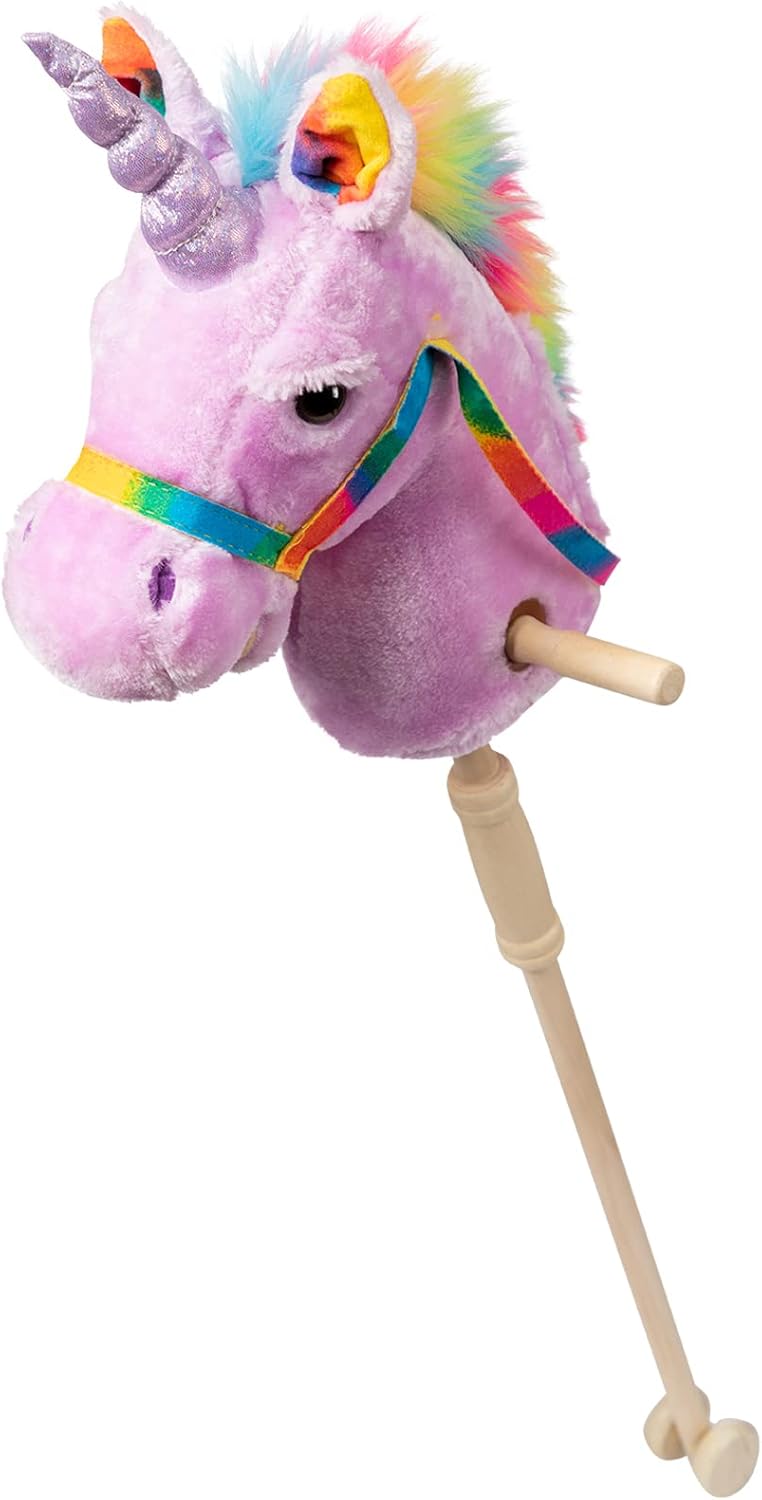 HollyHOME Unicorn Stick Horse Handcrafted Hobby Horse on a Stick with Wood Wheels Real Pony Neighing and Galloping Sounds Plush Unicorn Toy Purple 36 Inches(AA Batteries Required)