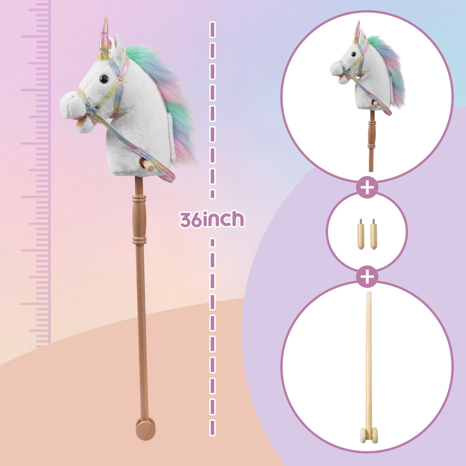 HollyHOME Unicorn Stick Horse with Wood Wheels Real Pony Neighing and Galloping Sounds Plush Unicorn Toy Pink with Rainbow Mane 36 Inches(AA Batteries Required)