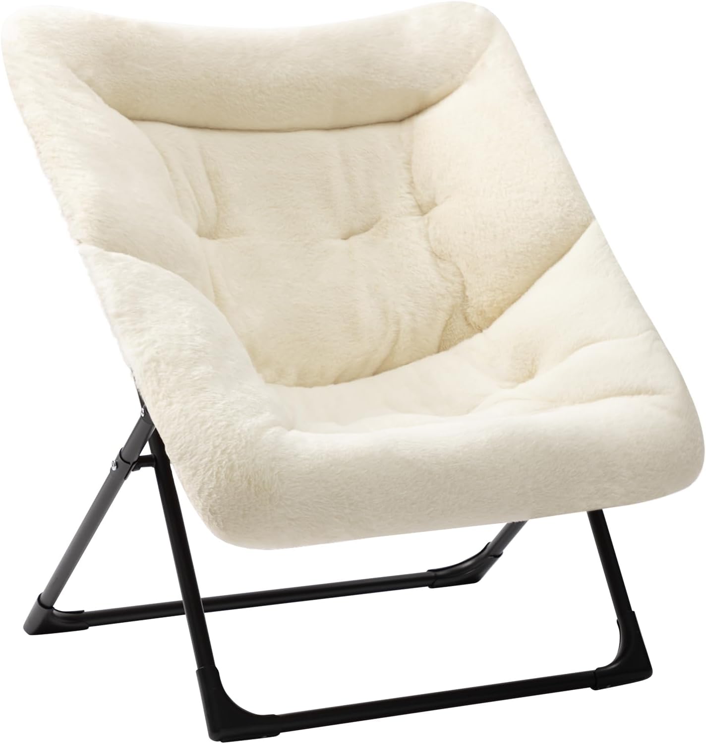 HollyHOME X-Large Saucer Chair with Foldable Ottoman, Comfy Oversized Folding Chair and Folding Footrest Stool Set, Faux-Fur Reading Chair and Footstool for Living Room, Bedroom, White Chair&Stool