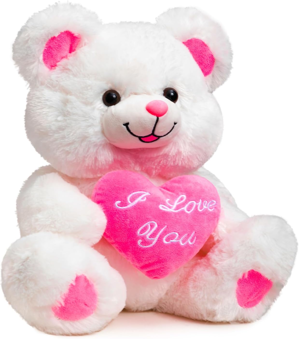 HollyHOME Teddy Bear with Pink Heart Plush Bear That Says I Love You and Blushes LED Stuffed Toys for Girlfriend and Kids Valentine's Day 13 inch White