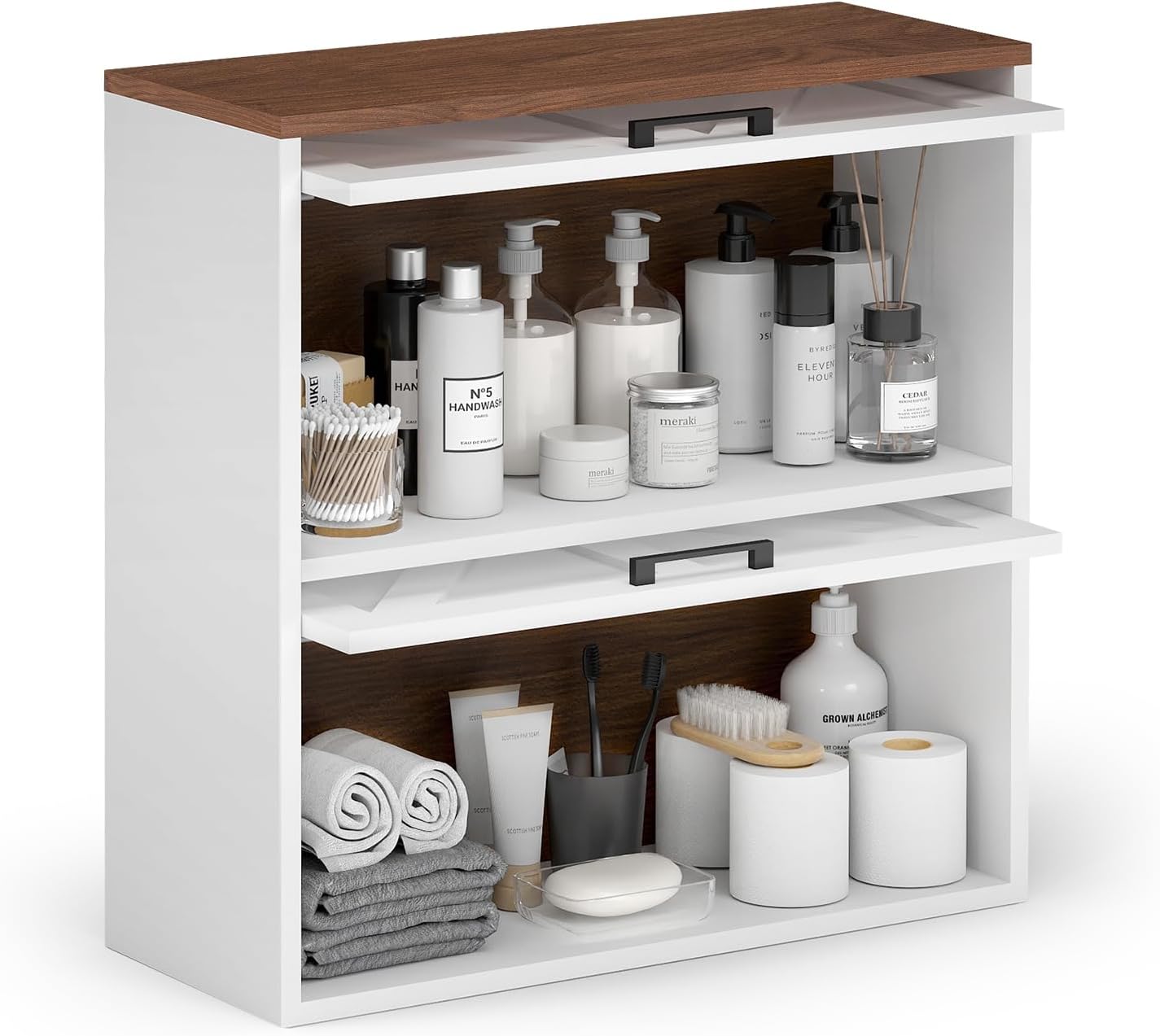 HollyHOME Farmhouse Wall Wood Medicine Cabinet for Bathroom, Kitchen, Living Room, White & Walnut Finish