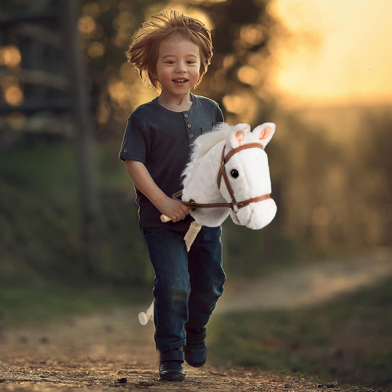 HollyHOME Stick Horse Plush Handcrafted Hobby Horse on a Stick with Wood Wheels Real Pony Neighing and Galloping Sounds for Kids Toddlers Beige 36 Inches(AA Batteries Required)