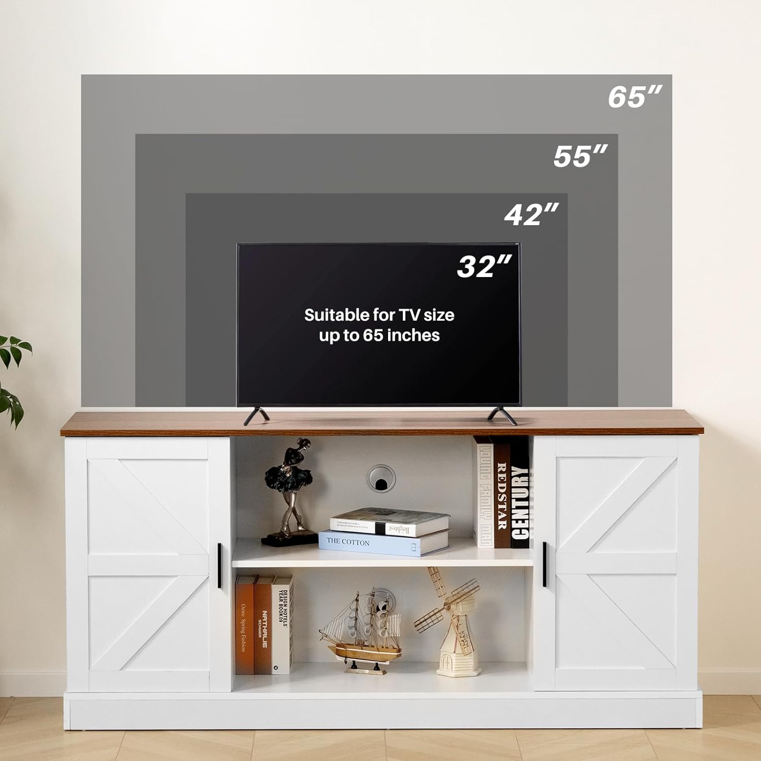 HollyHOME White Farmhouse TV Stand for Televisions up to 65”