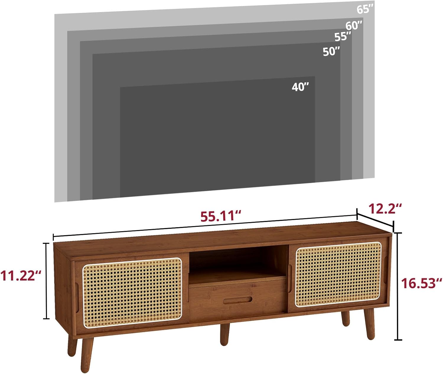 HollyHOME Bamboo TV Stand with Storage for TVs up to 65", Modern Entertainment Center with Rattan and Drawer, Accent TV Table with 2 Shelf, Media Console Cabinet for Living Room, Bedroom, Walnut