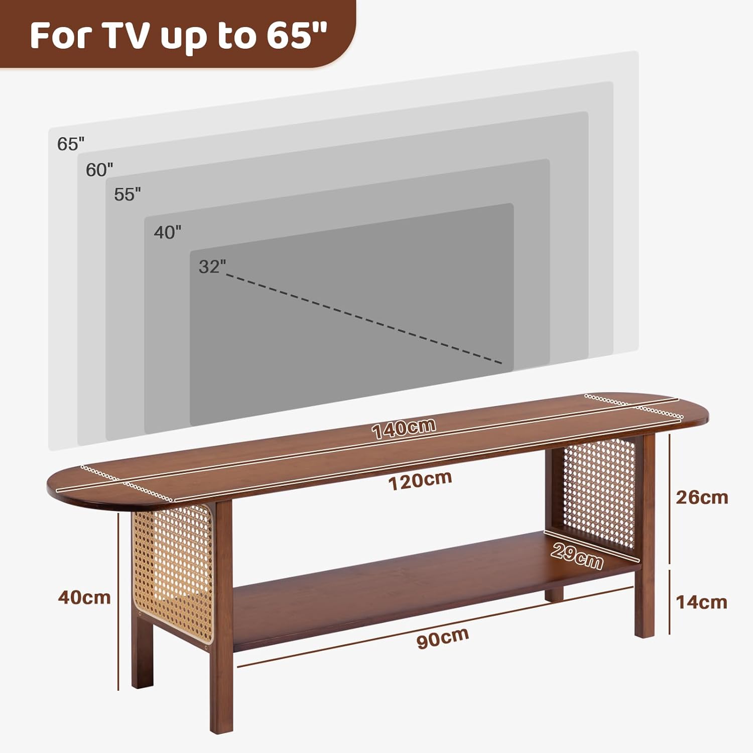 HollyHOME Bamboo TV Stand with Storage for TVs up to 65", Modern Entertainment Center with Rattan Side, Accent TV Table with 2 Shelf, Media Console TV Stand for Living Room, Bedroom, Walnut