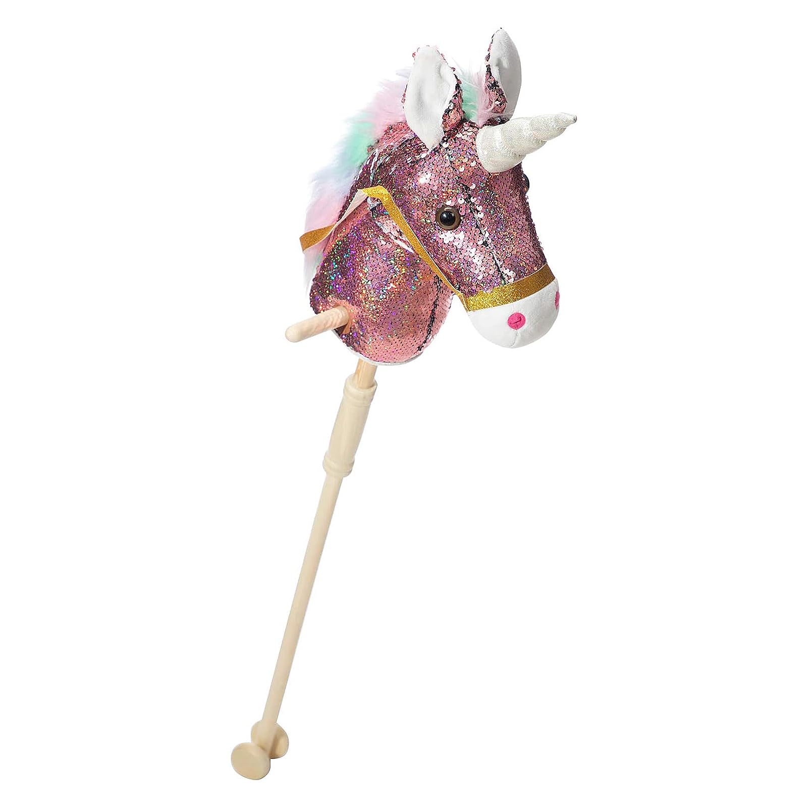 HollyHOME Unicorn Stick Horse with Wood Wheels Real Pony Neighing and Galloping Sounds Plush Unicorn Toy Pink with Rainbow Mane 36 Inches(AA Batteries Required)