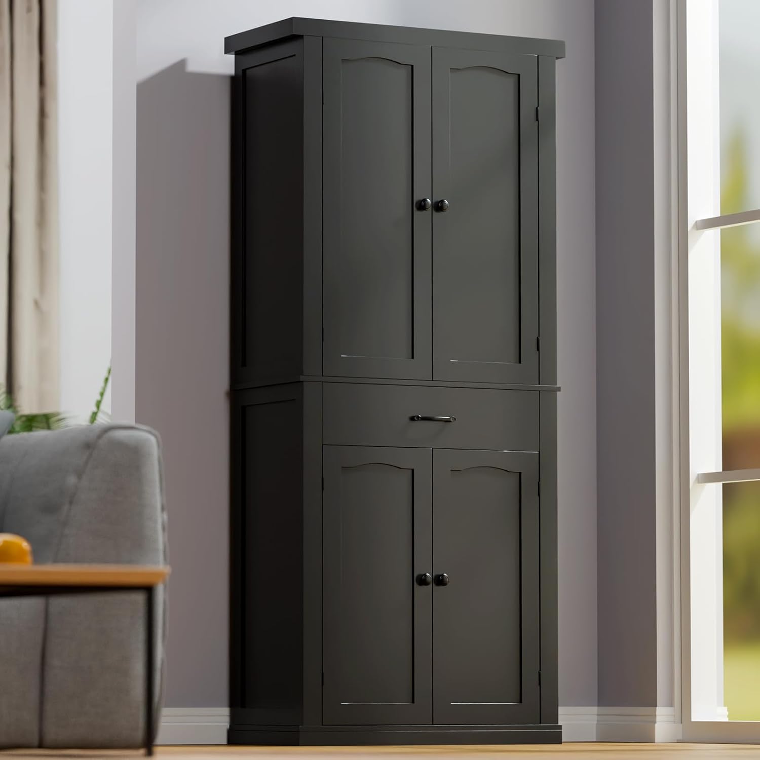 HollyHOME Kitchen Pantry Cabinet Black（4-Door）