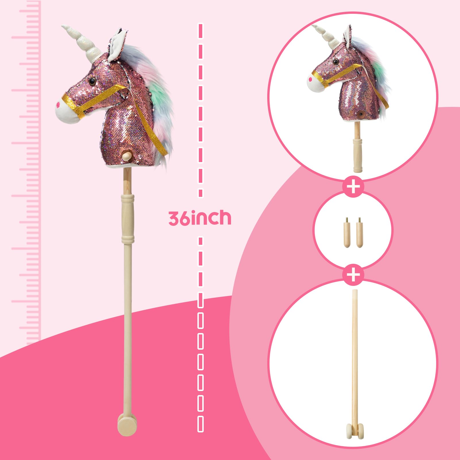 HollyHOME Unicorn Stick Horse with Wood Wheels Real Pony Neighing and Galloping Sounds Plush Unicorn Toy Pink with Rainbow Mane 36 Inches(AA Batteries Required)