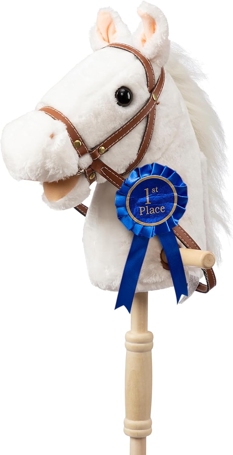 HollyHOME Stick Horse Plush Handcrafted Hobby Horse on a Stick with Wood Wheels Real Pony Neighing and Galloping Sounds for Kids Toddlers Beige 36 Inches(AA Batteries Required)