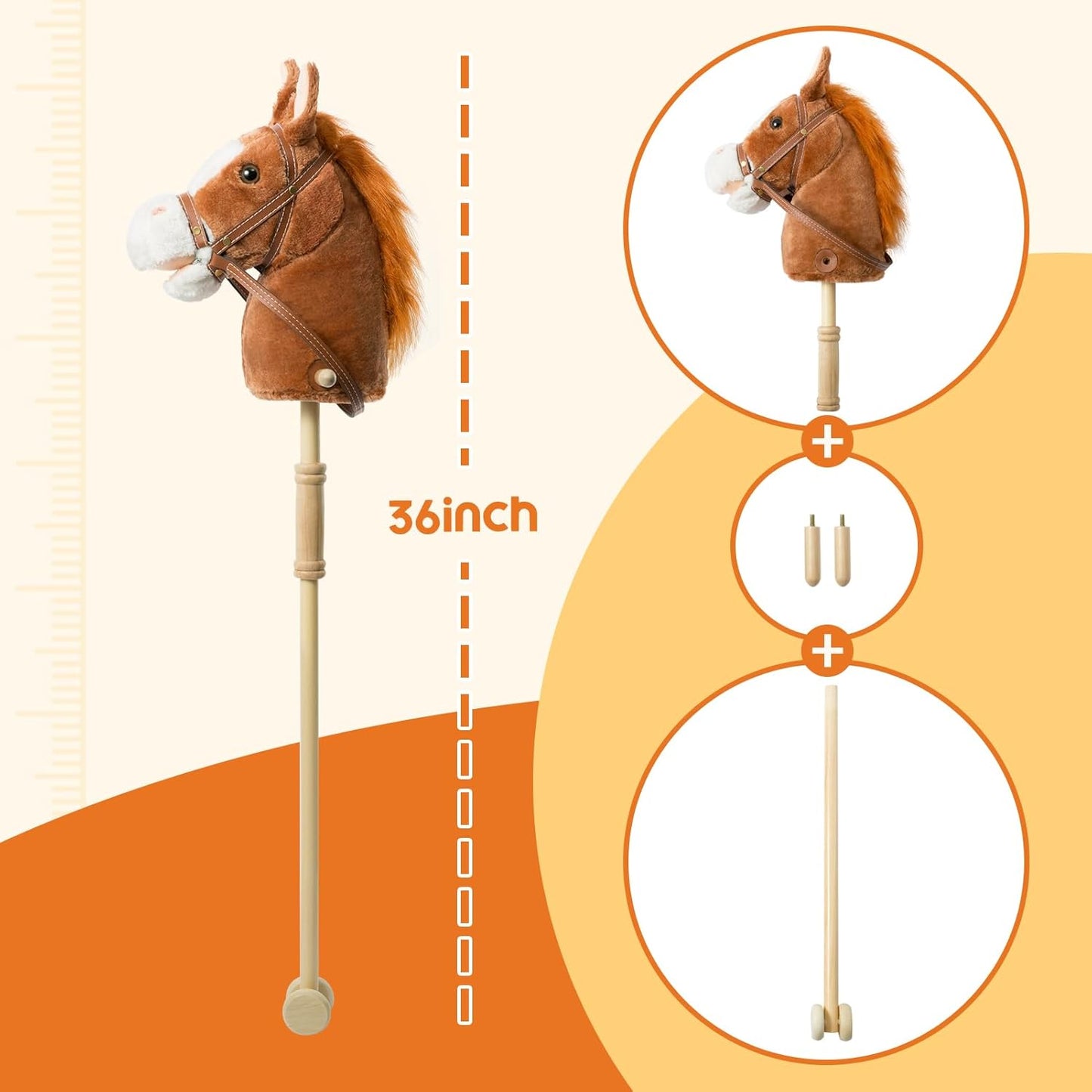 HollyHOME Stick Horse Plush Handcrafted Hobby Horse on a Stick with Wood Wheels Real Pony Neighing and Galloping Sounds for Kids Toddlers Dark Brown 36 Inches(AA Batteries Required)