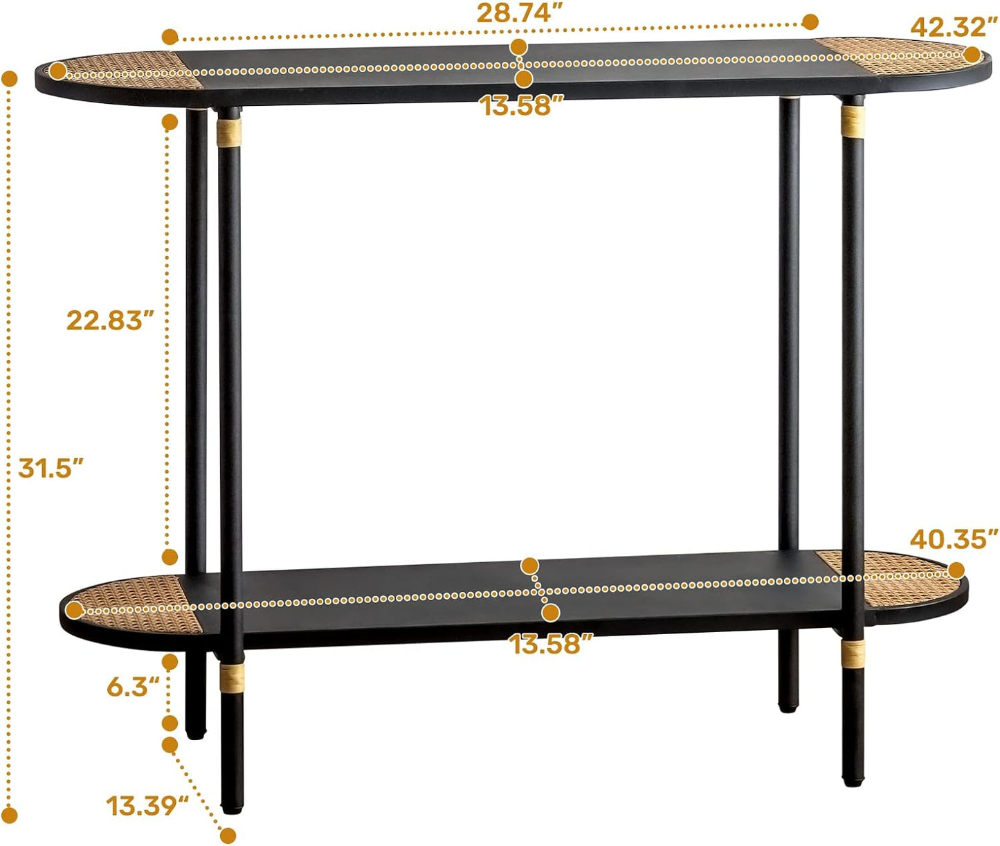 HollyHOME Black Metal Console Table with Rattan Decor, 2-Tier Entryway Table, 42.32"(L) Narrow Sofa/Couch Side Table with Metal Frame, Hallway Entry Table for Living Room