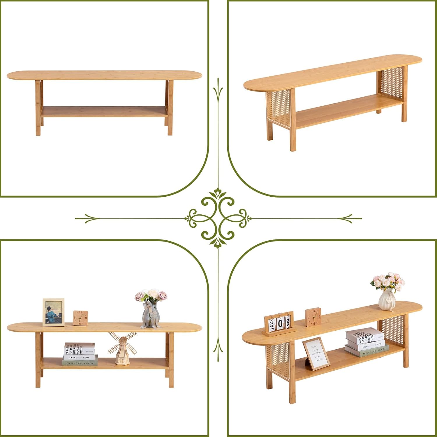HollyHOME Bamboo TV Stand with Storage (Rattan Side)