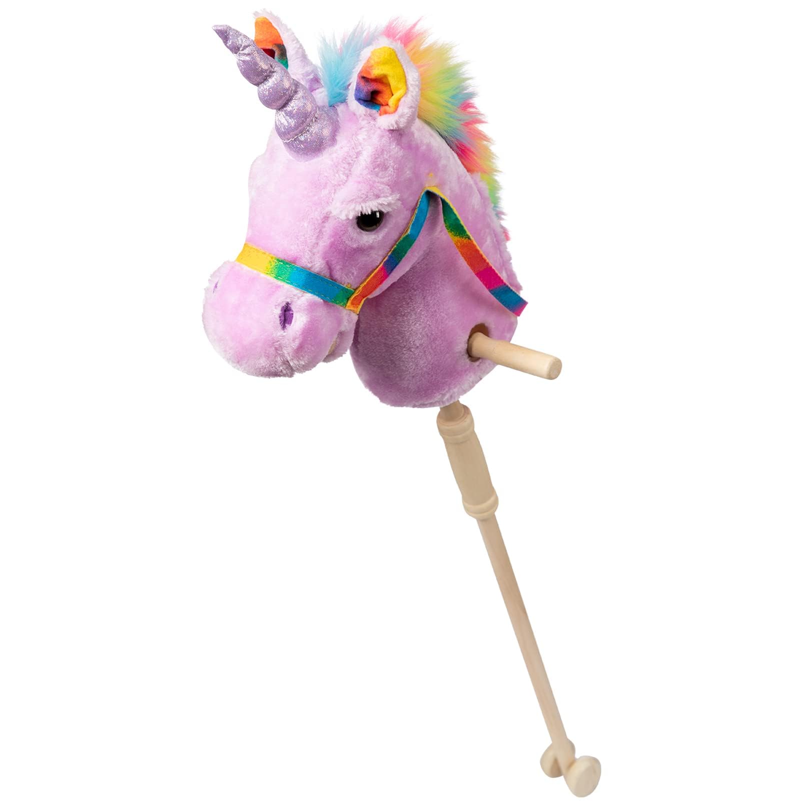 HollyHOME Unicorn Stick Horse with Wood Wheels Real Pony Neighing and Galloping Sounds Plush Unicorn Toy Pink with Rainbow Mane 36 Inches(AA Batteries Required)