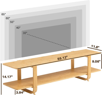 HollyHOME Bamboo TV Stand with Storage for TVs up to 65'', Modern Entertainment Center with 2 Open Shelf, Accent TV Media Console Table for Living Room, Bedroom, 55"(L), Burlywood