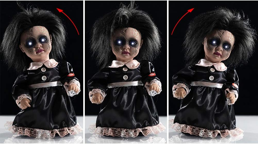 HollyHOME Creepy Animated Haunted Doll Prop Walking Doll with Glowing Eyes and Swinging Head Halloween Indoor Decorations