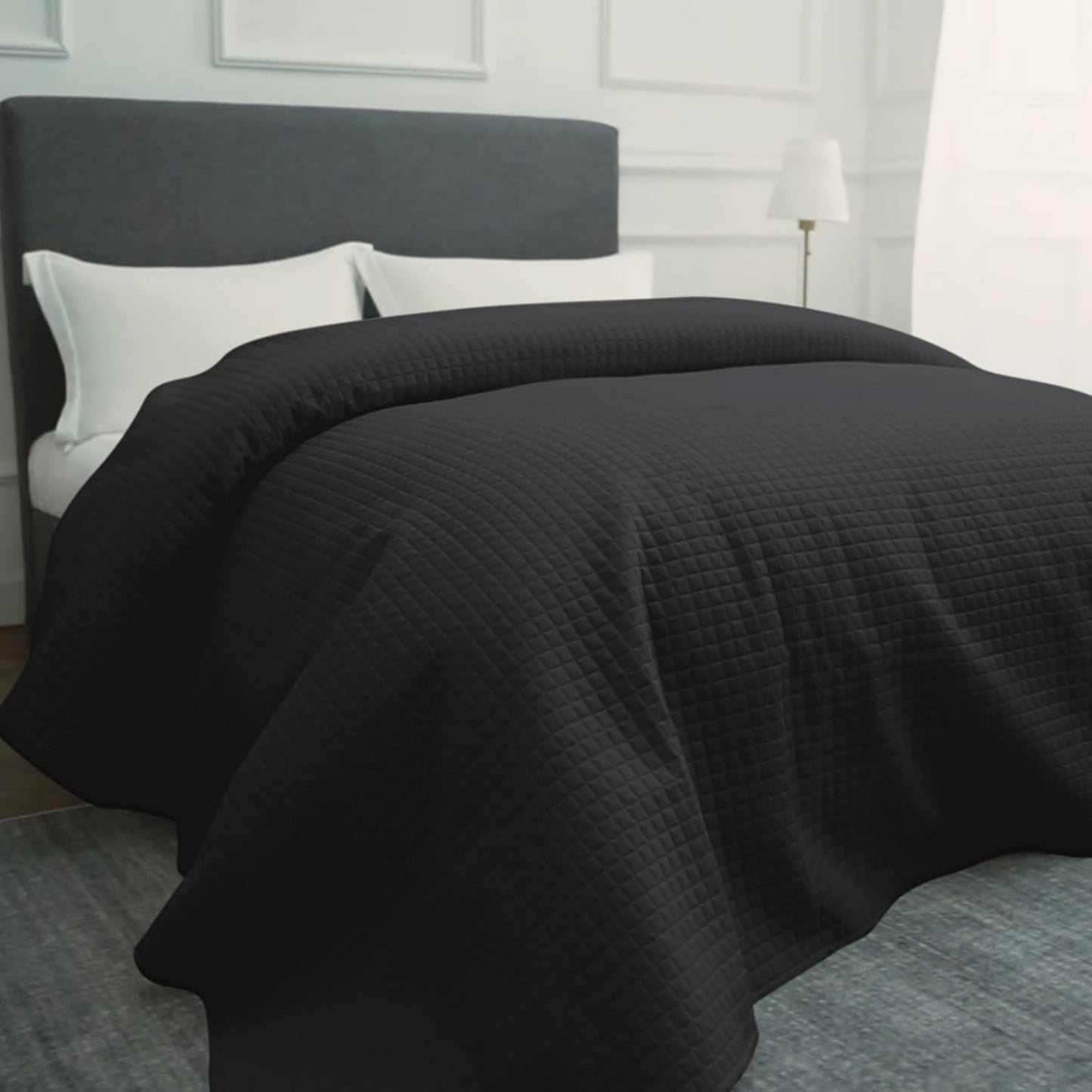 HollyHOME Luxury Checkered Super Soft Solid Single Pinsonic Bed Quilt Bedspread Bed Cover, Black, Twin