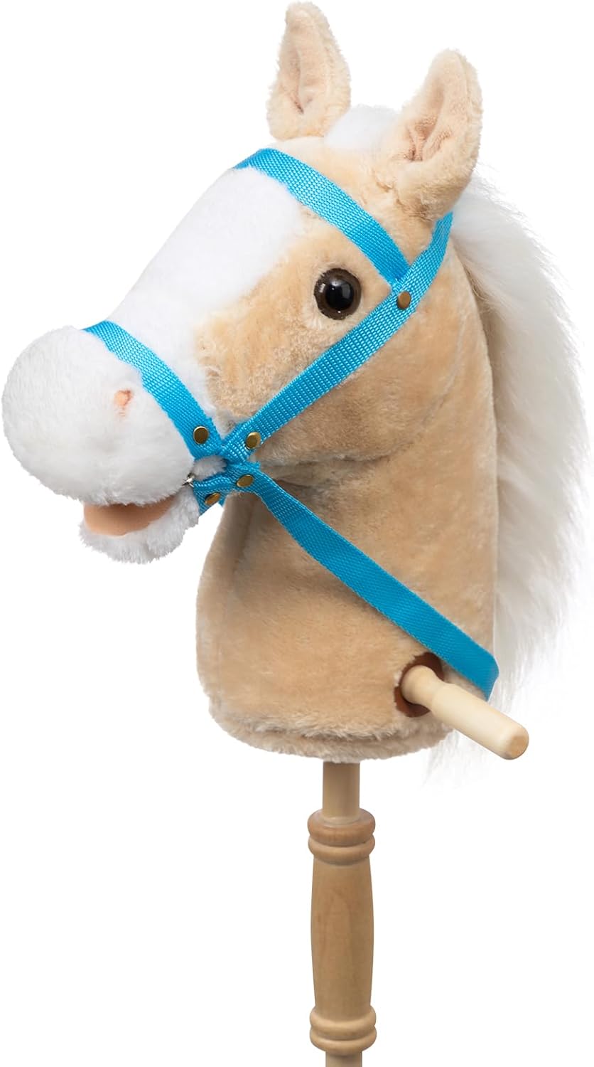 HollyHOME Stick Horse Plush with Detachable Blue Ribbon Champion Hobby Horse on Stick with Wood Wheels Real Pony Neighing and Galloping Sounds for Kids Toddlers Brown 36 Inches(AA Batteries Required)