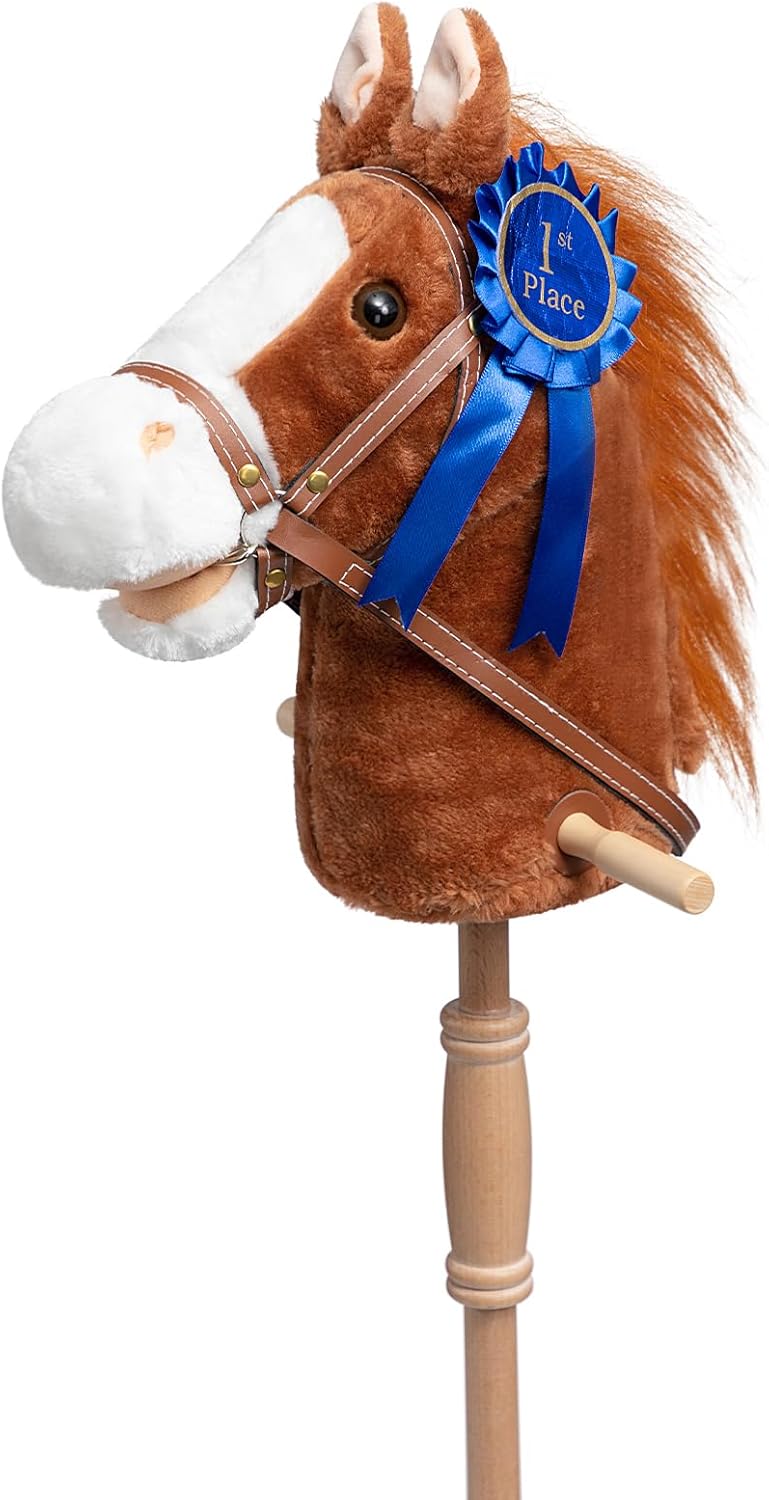 HollyHOME Stick Horse Plush Handcrafted Hobby Horse on a Stick with Wood Wheels Real Pony Neighing and Galloping Sounds for Kids Toddlers Beige 36 Inches(AA Batteries Required)