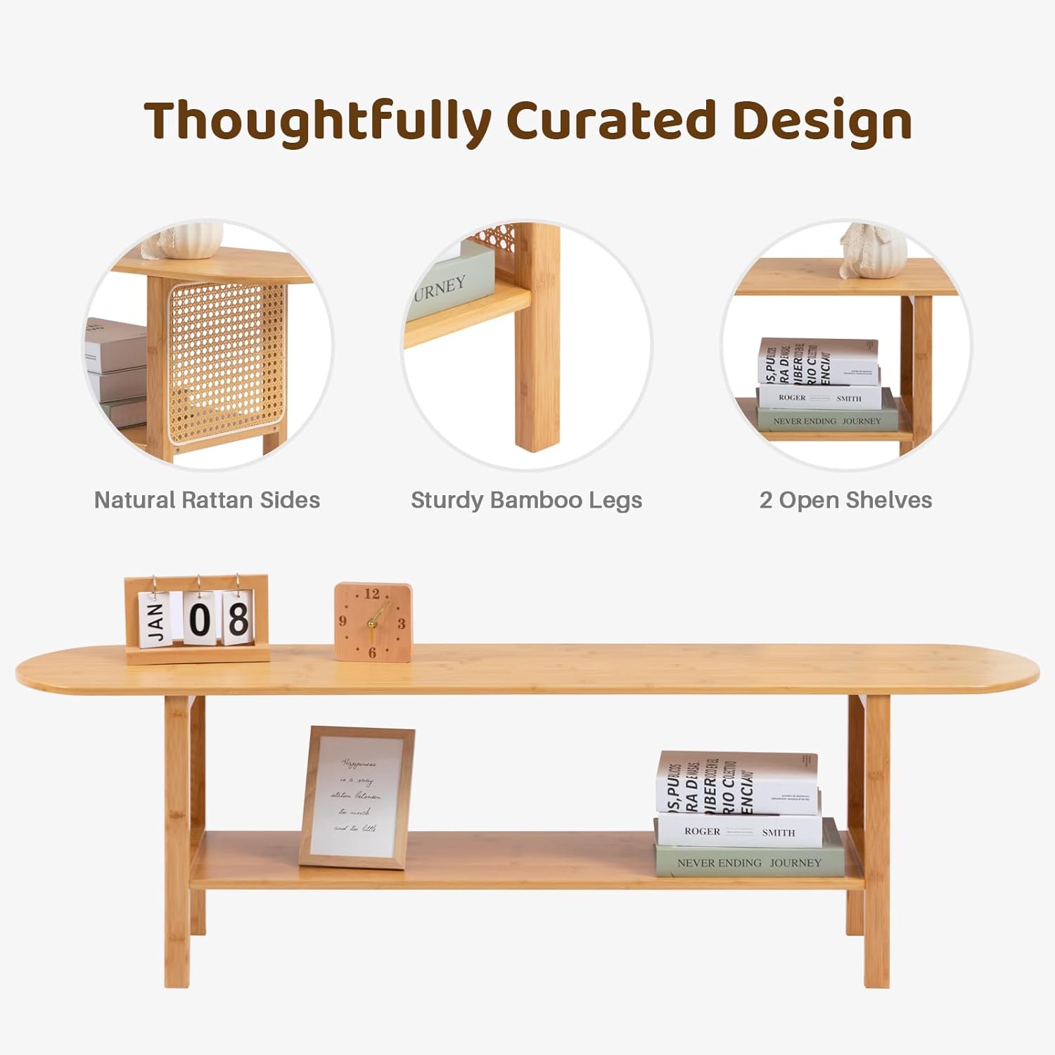 HollyHOME Bamboo TV Stand with Storage (Rattan Side)