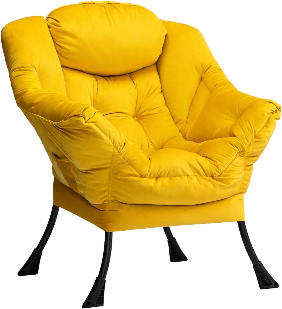 HollyHOME Modern Fabric Large Lazy Chair, Accent Oversized Comfy Reading Chair, Thick Padded Cozy Lounge Chair with Armrest, Steel Frame Leisure Sofa Chair for Living Room, Bedroom, Dorm, Yellow