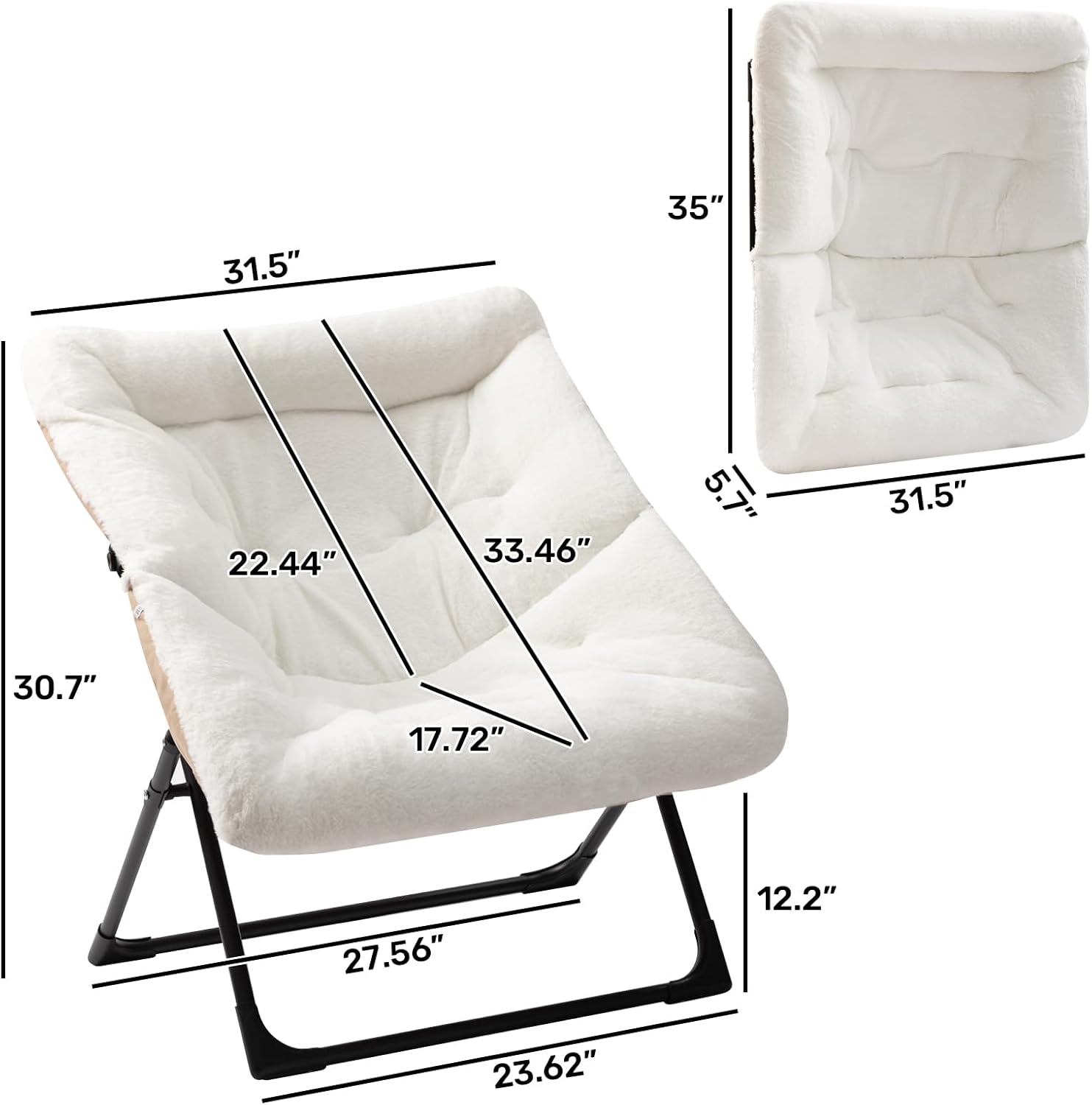 HollyHOME X-Large Saucer Chair with Foldable Ottoman, Comfy Oversized Folding Chair and Folding Footrest Stool Set, Faux-Fur Reading Chair and Footstool for Living Room, Bedroom, White Chair&Stool