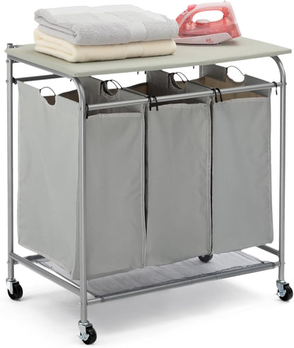 HollyHOME Rectangular Laundry Sorter with Folding Ironing Board, 3-Section Laundry Basket Sorter with Lockable Wheels for Laundry Bedroom Bathroom Living Room Grey