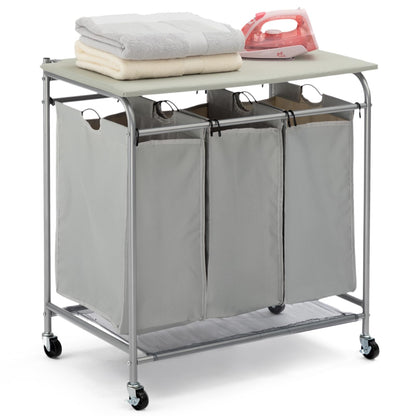 HollyHOME Rectangular Laundry Sorter with Folding Ironing Board, 3-Section Laundry Basket Sorter with Lockable Wheels for Laundry Bedroom Bathroom Living Room Grey