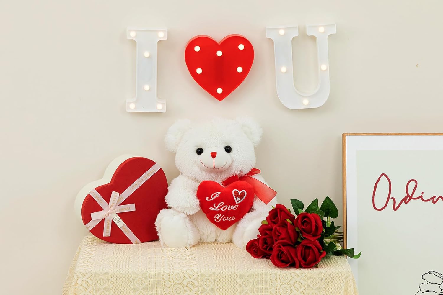 HollyHOME Teddy Bear Stuffed Animal Plush Bear with Red Bow Holding a Picture Frame Soft Plush Toy Christmas Valentine's Day Gift 12 Inches White