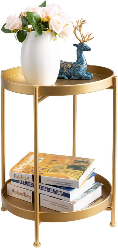 HollyHOME 2-Tier Round Metal End Side Table, Accent Anti-Rust Waterproof Simplistic Sofa Table, Modern Tray Outdoor&Indoor Folding Coffee Table, (D) 15.75" x(H) 20.47", Golden