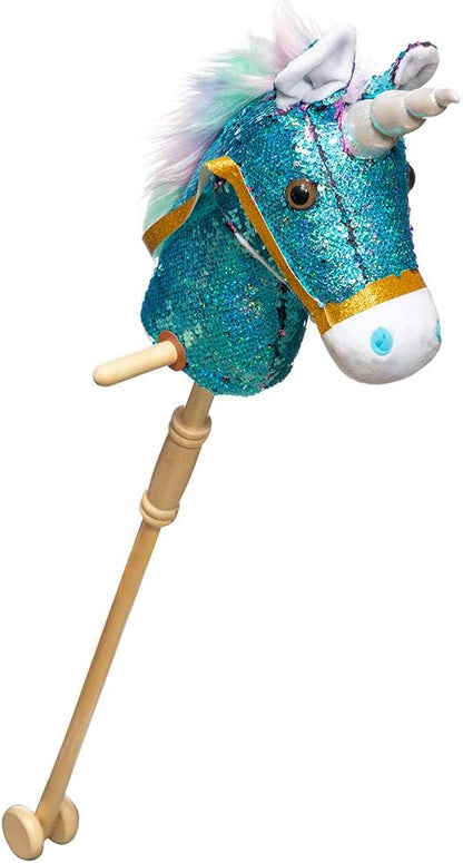 HollyHOME Sequin Unicorn Stick Horse Handcrafted Hobby Horse on a Stick with Wood Wheels Real Pony Neighing and Galloping Sounds Plush Unicorn Toy Blue 36 Inches(AA Batteries Required)