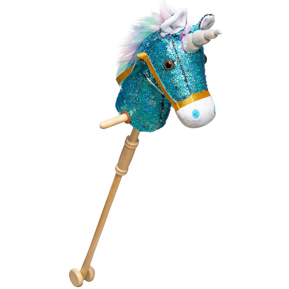 HollyHOME Sequin Unicorn Stick Horse Handcrafted Hobby Horse on a Stick with Wood Wheels Real Pony Neighing and Galloping Sounds Plush Unicorn Toy Blue 36 Inches(AA Batteries Required)